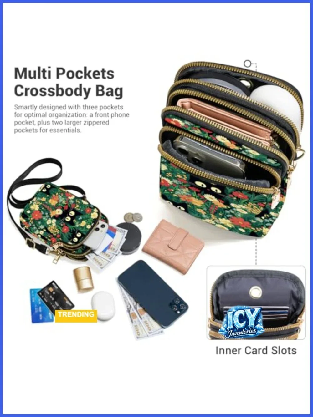 Small Crossbody Bag with Adjustable Strap, Nylon Mini Purse for Women, 3 Zipper
